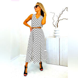 imperial cotton a line Black and White Striped Maxi Dress